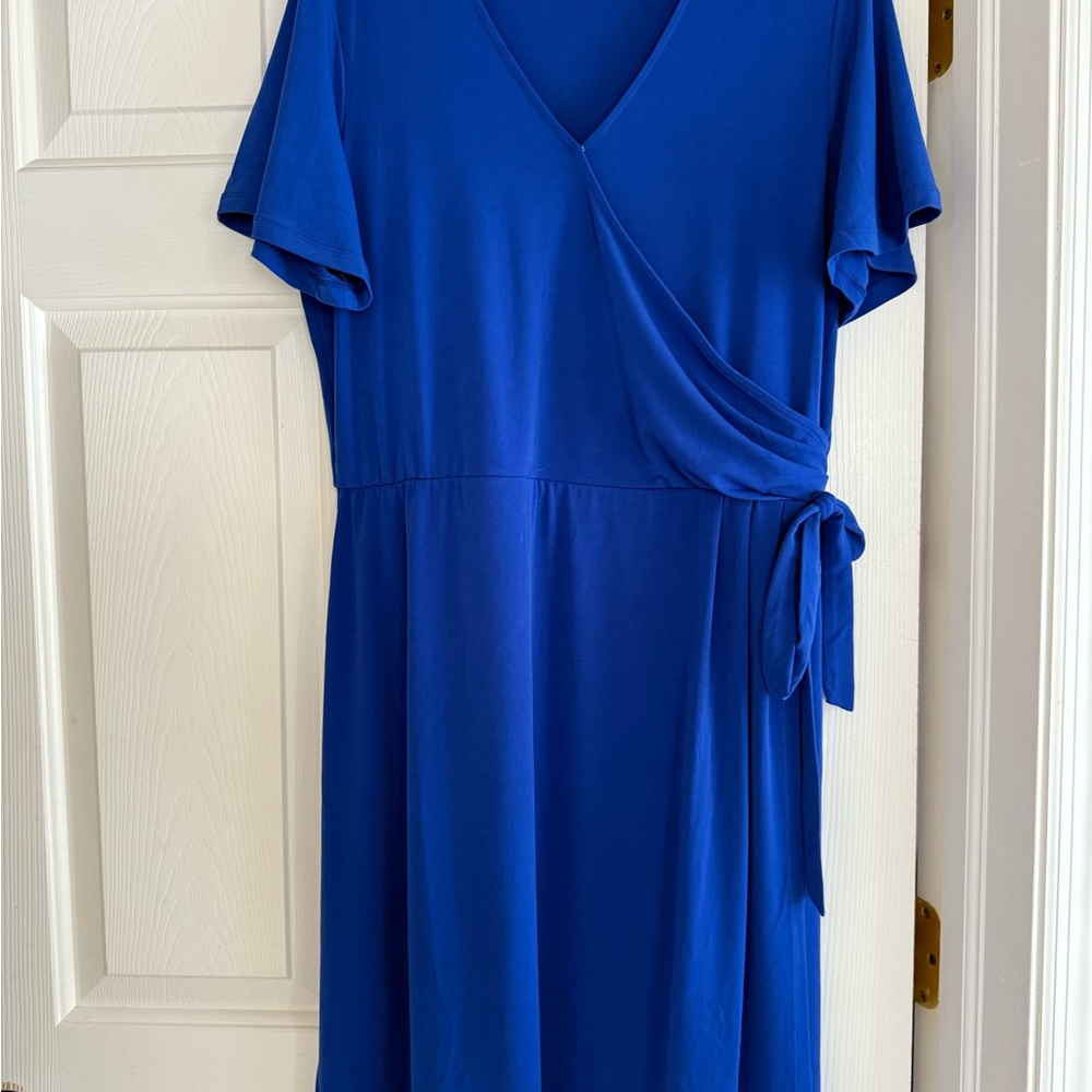 NWOT Susan Graver Speedboat Blue Liquid Knit Faux Wrap Midi Dress